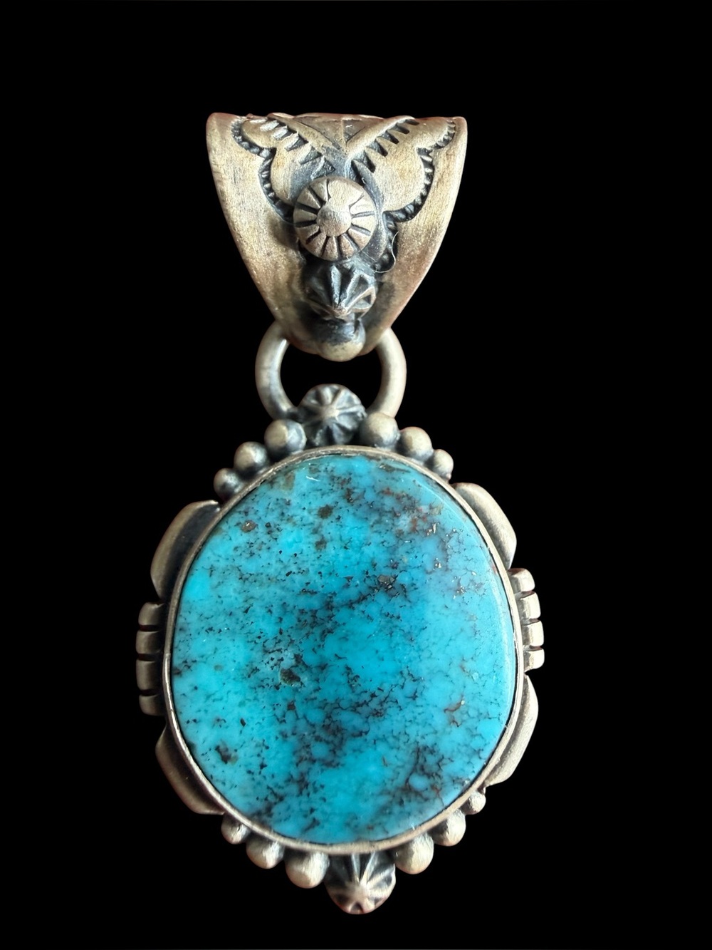 Sterling Silver Turquoise Pendant Navajo Style Stamped Concho Bail 9.93g